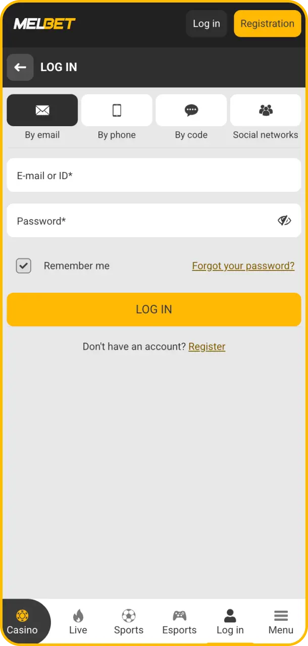 Log in to your personal Melbet app account to start betting.