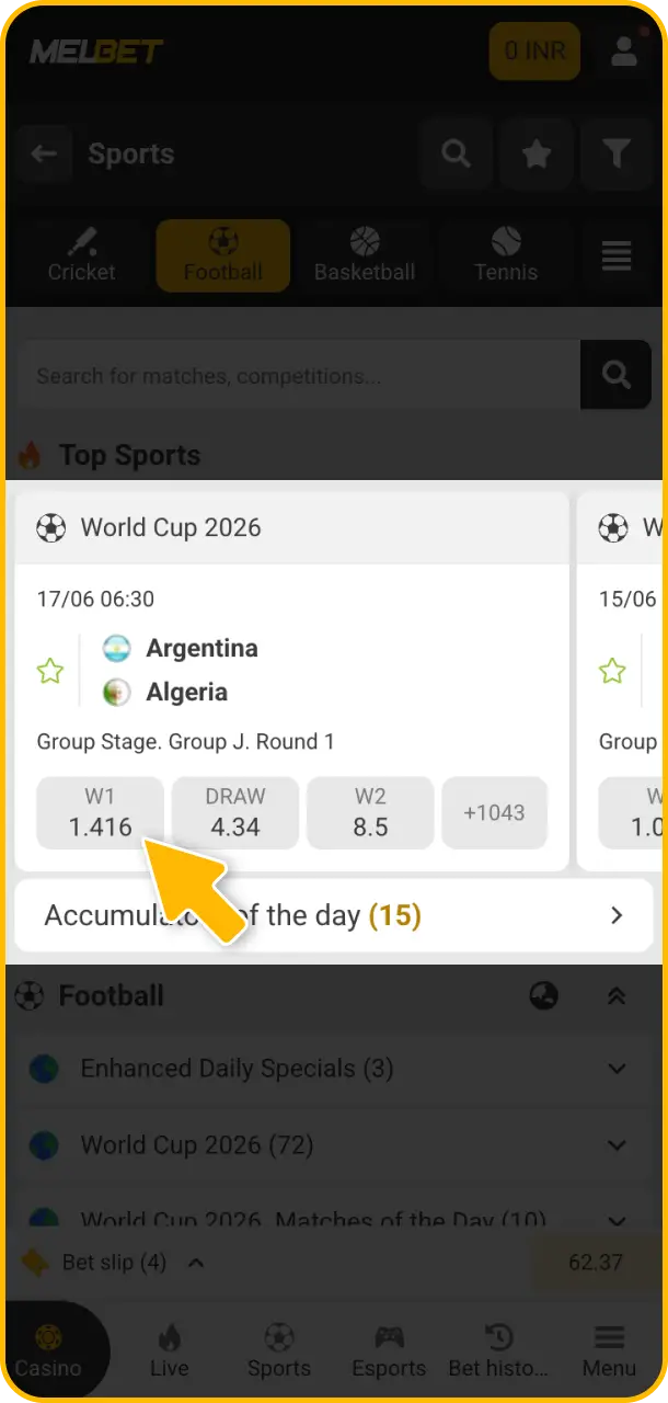 Choose your market and add to bet slip in the Melbet app.