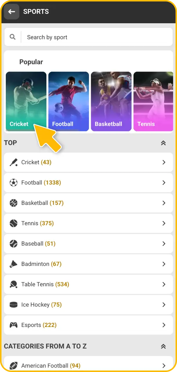 Select a sport or event from the extensive Melbet app lineup.