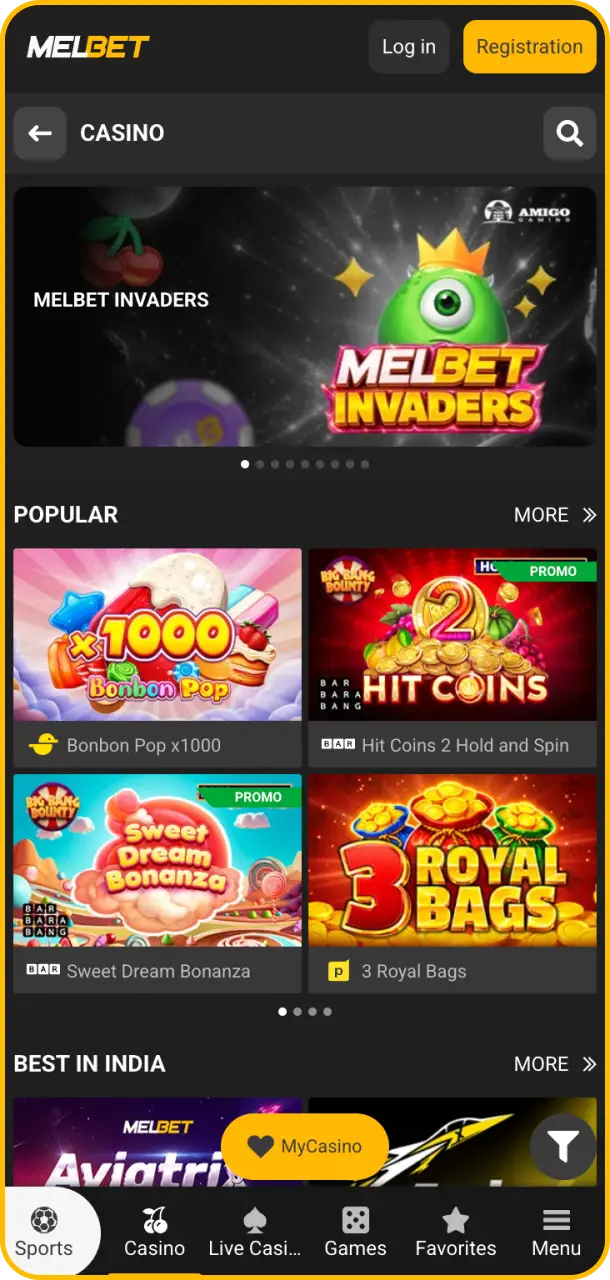 Explore hundreds of mobile slots using the Melbet app casino interface.