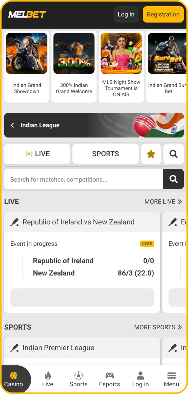 Navigate through the options on the Melbet app home interface easily.
