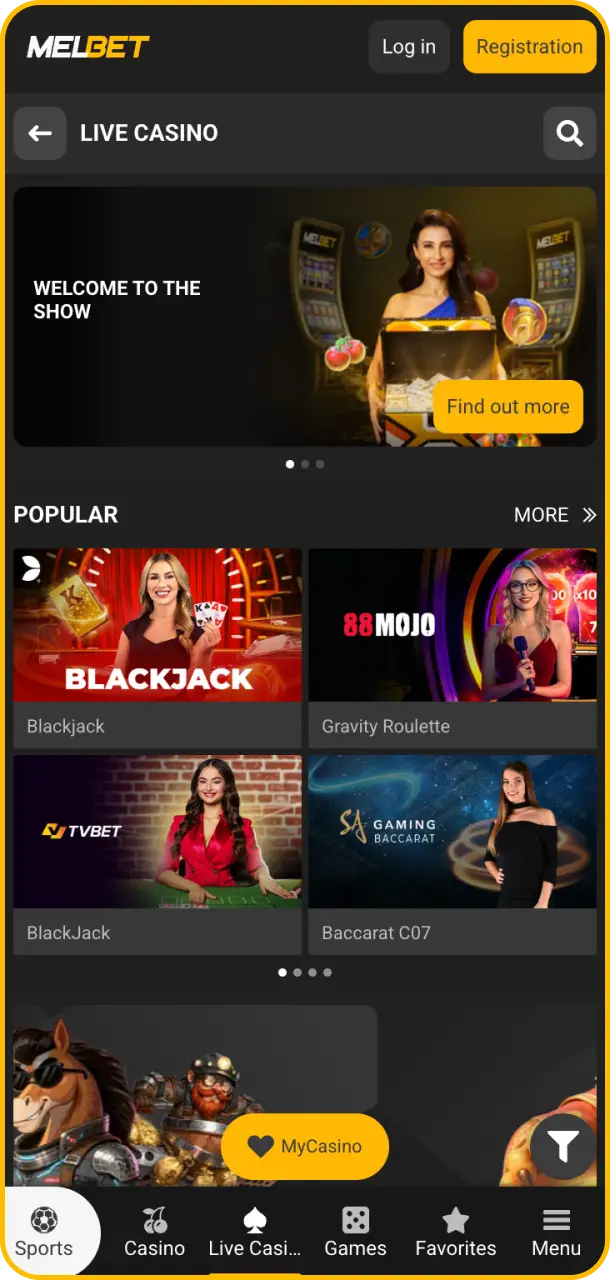 Play with real-time dealers via the Melbet app live casino interface.