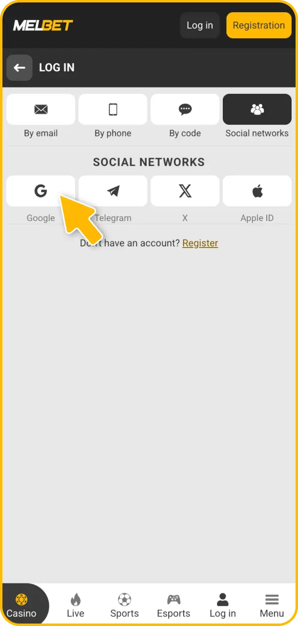 Log in or register a new profile to access Melbet Aviator.