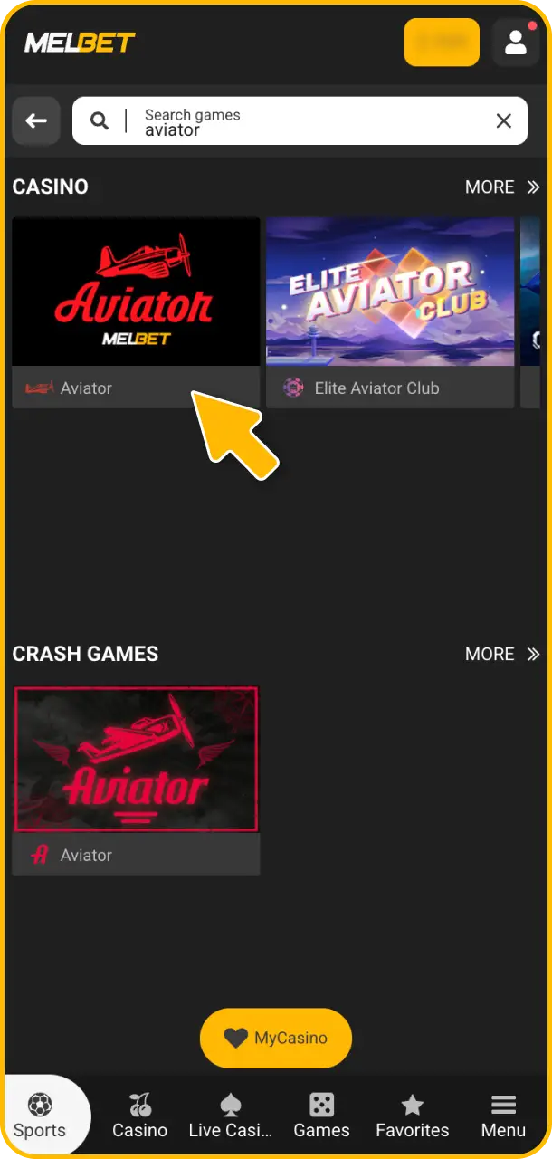 Find Aviator in the lobby and launch the popular crash game.