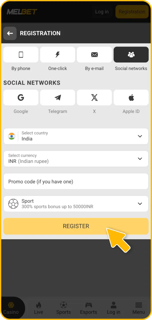 Create your account on the site to play Melbet Aviator.