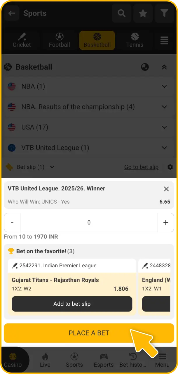 Place bet options on your selected matches to win on Melbet.