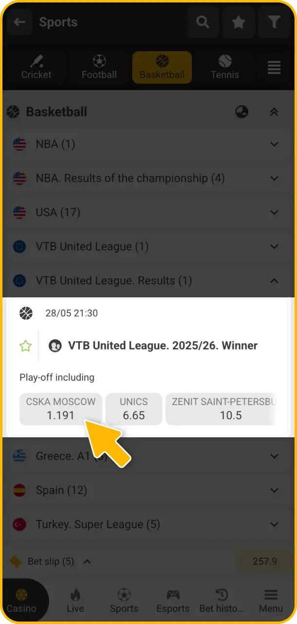 Choose markets with high betting odds for your Melbet basketball slip.