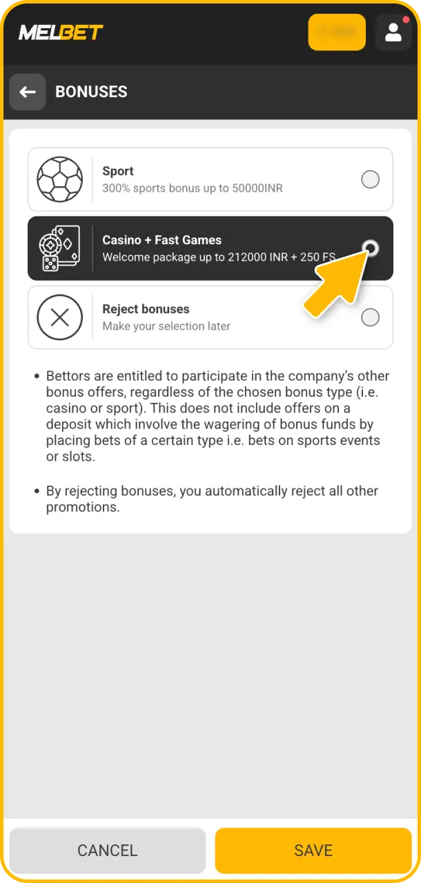 Select your bonus from the available sports or casino promotional offers inside Melbet.