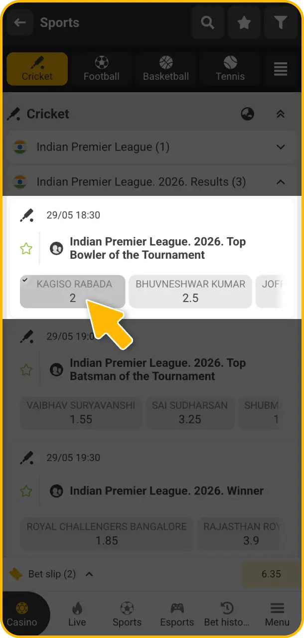 Place your bet on live or upcoming games with competitive Melbet cricket odds.