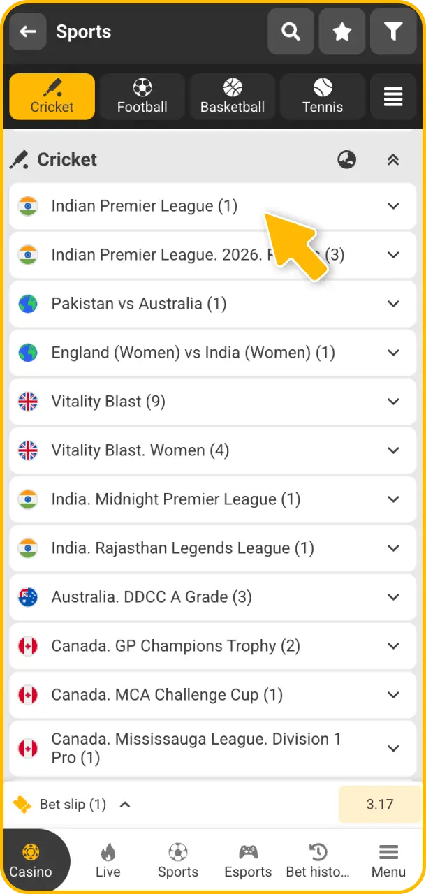 Choose a cricket league and match from the extensive lineup on Melbet.