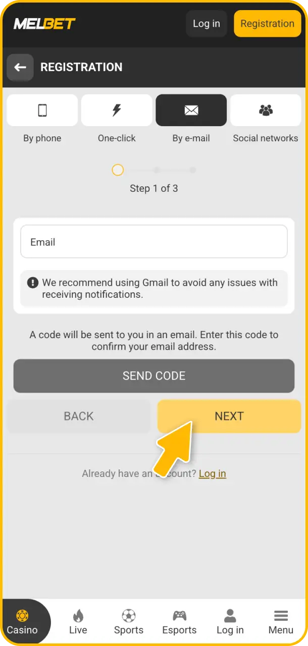 Create your account on the site to start Melbet esports betting.
