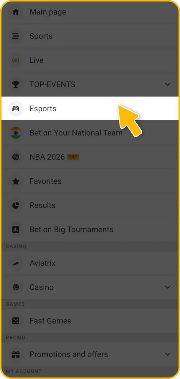 Navigate to the esports section to view live streaming games at Melbet.