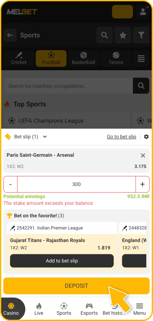 Place your bet on your favorite league teams instantly using Melbet.
