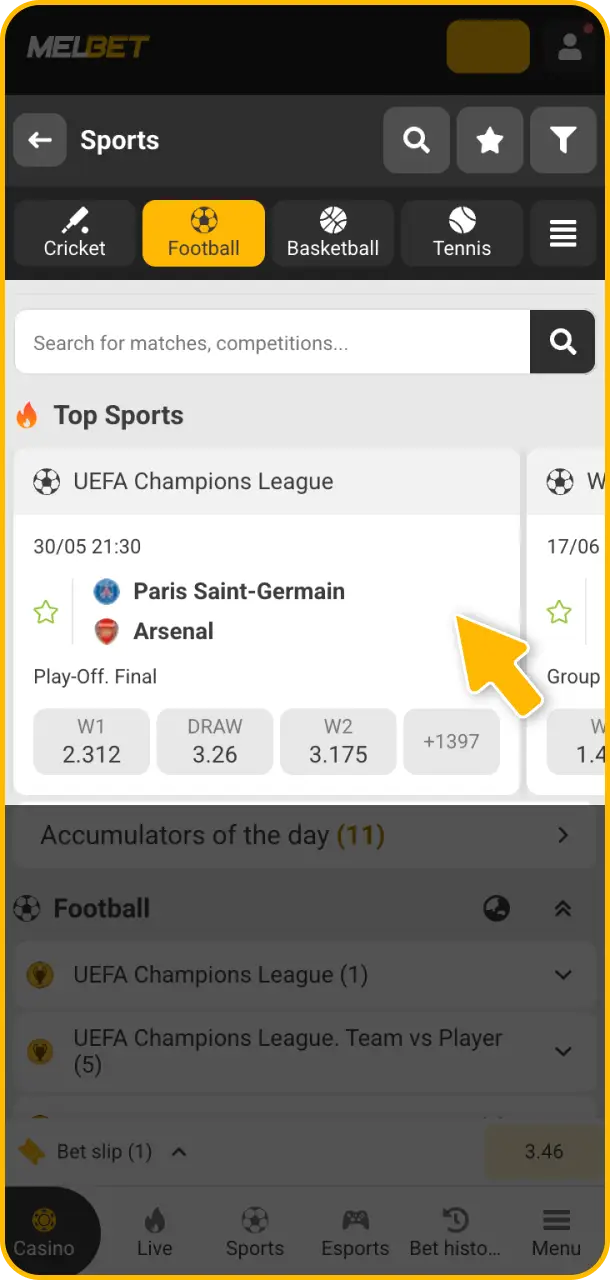 Choose a match and market from hundreds of daily options at Melbet football.