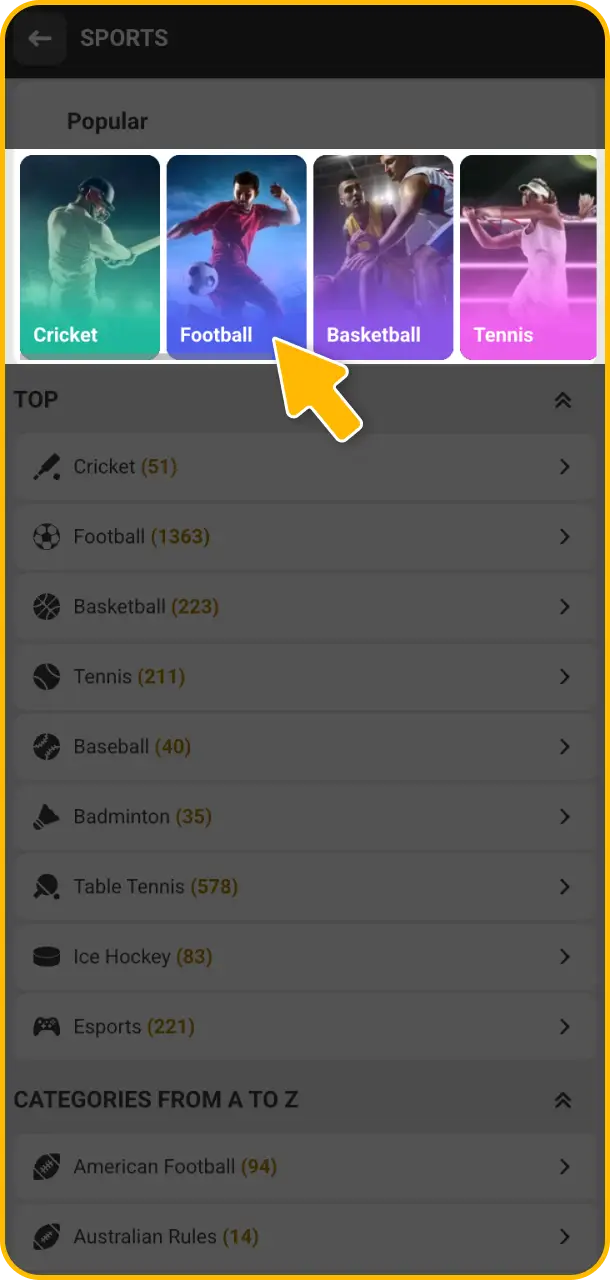 Navigate to football tournaments via the main sportsbook categories on Melbet.