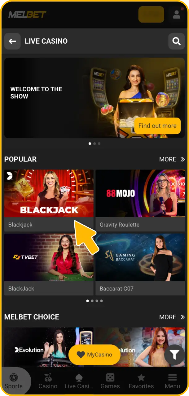 Open a live table and interact with professional dealers at Melbet.