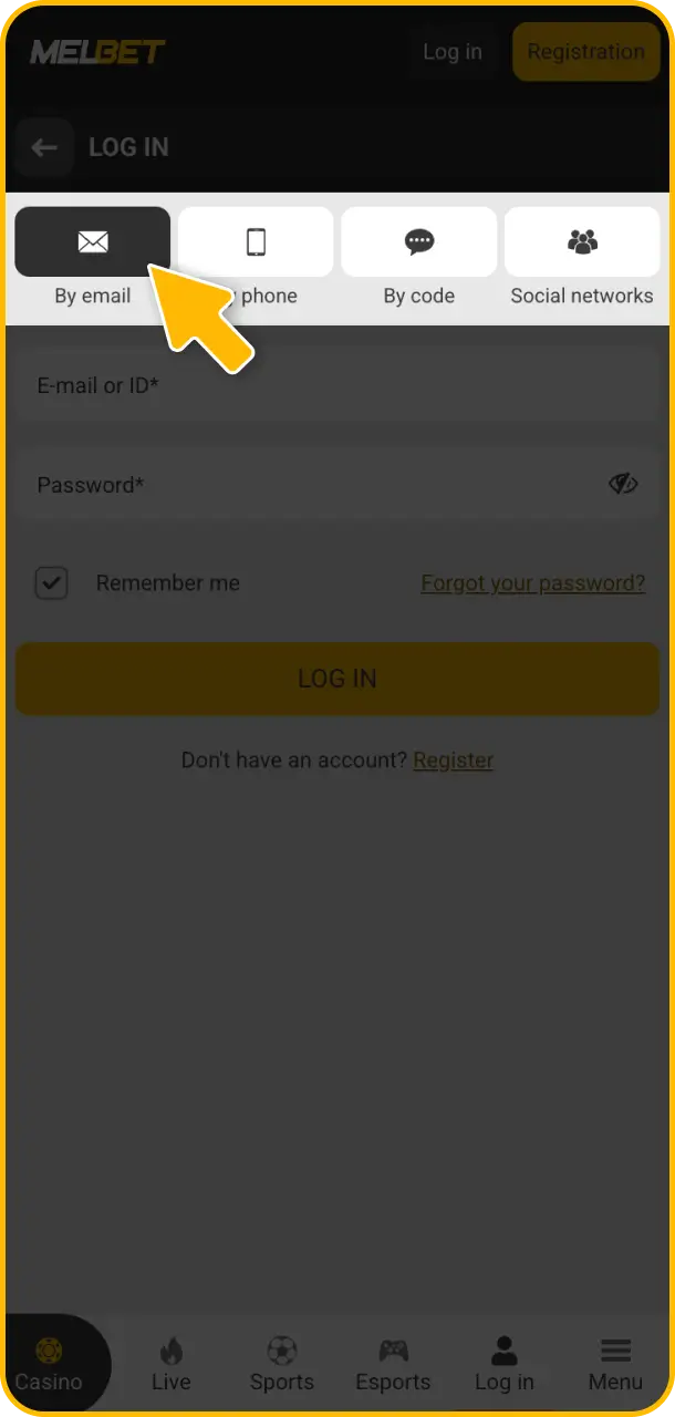 Select your preferred login method using your ID, email, or phone for Melbet login.