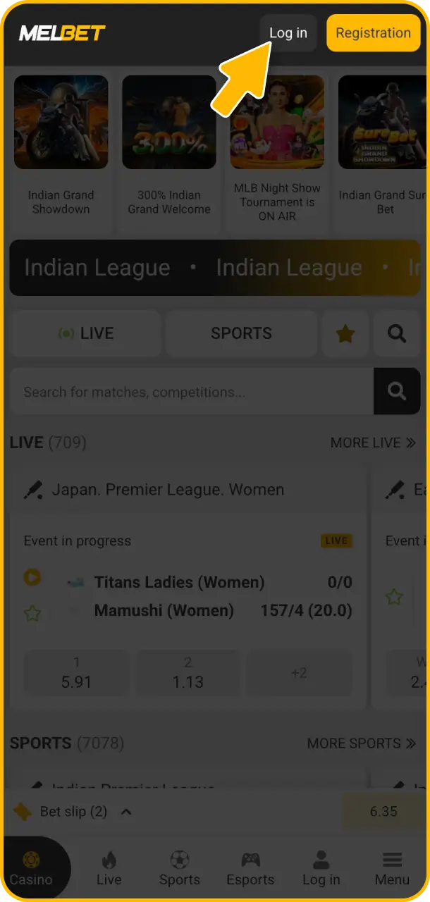 Open the app and tap Log In located at the top of the Melbet login screen.