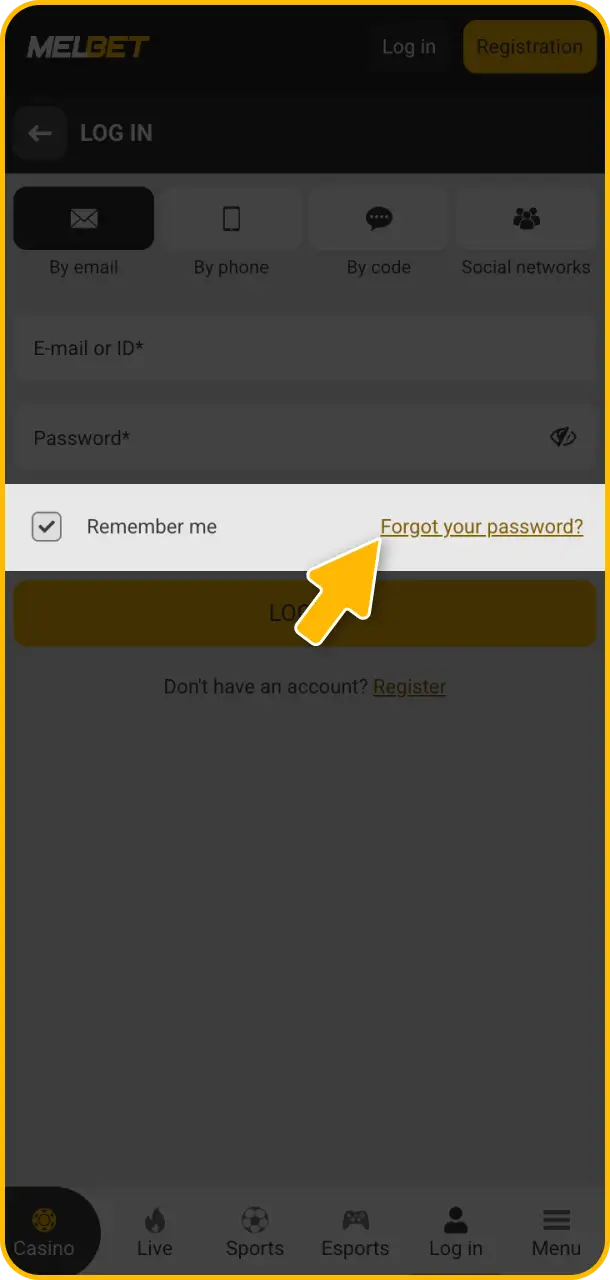 Click the “Forgot Password” link directly on the main Melbet login interface.