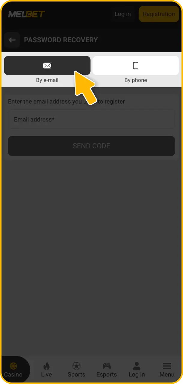 Select your recovery method via email or phone number during the Melbet login recovery.