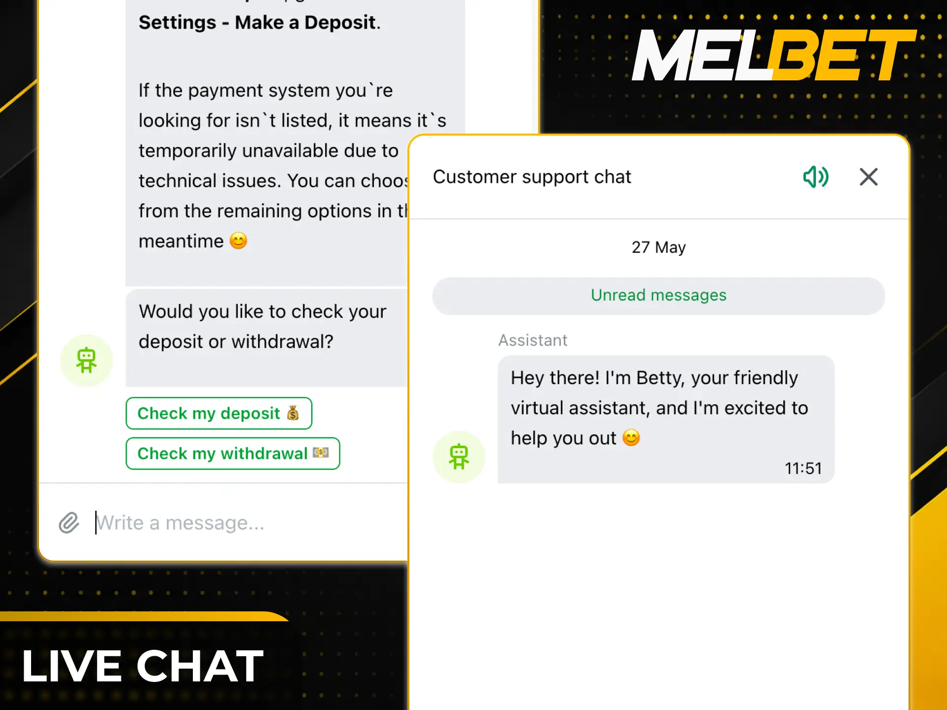 Contact live chat support on the main Melbet page for help.