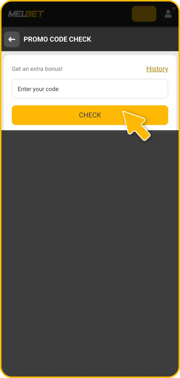 Enter the promo code into the dedicated field on the Melbet platform.