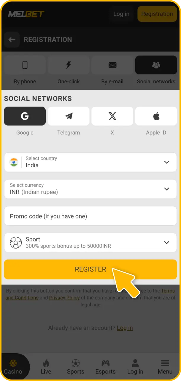 Register on the platform to start using the Melbet promocode offers.