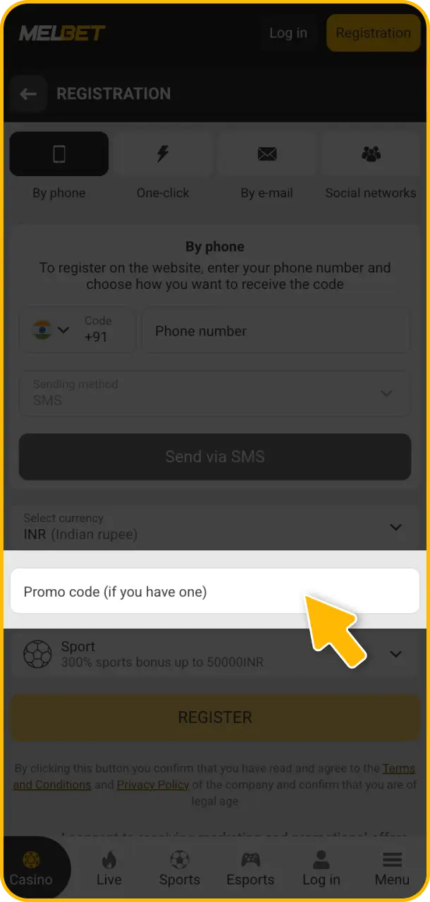 Enter the promo code into the dedicated field during your Melbet register sign-up.
