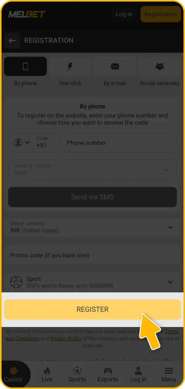 Confirm your account via SMS or email confirmation to secure your Melbet register profile.