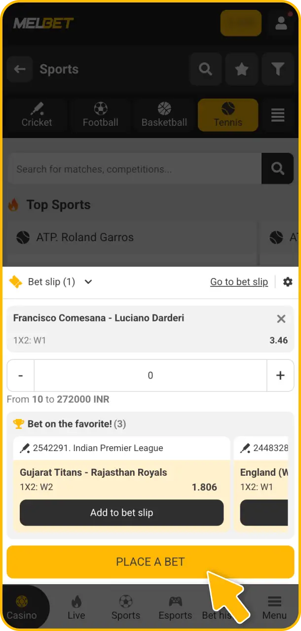 Enter your stake and confirm your wager to track Melbet tennis.