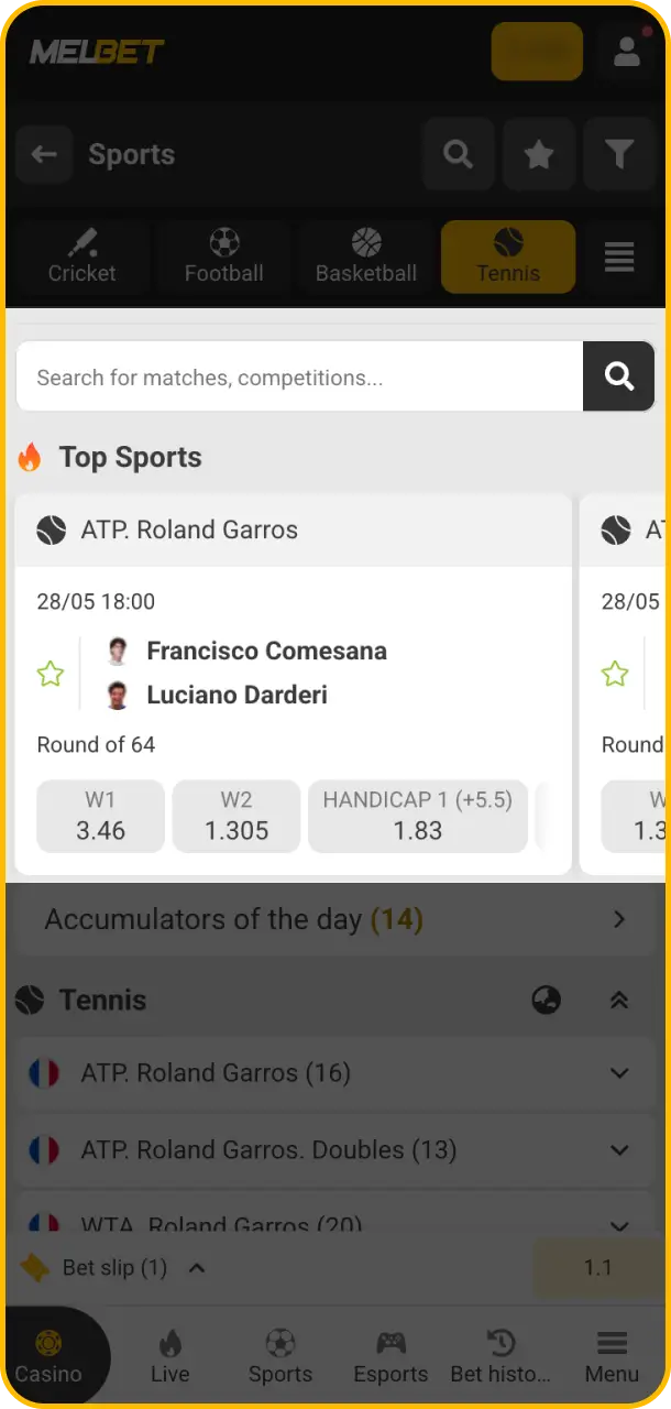 Choose a match and select your market from competitive Melbet lines.