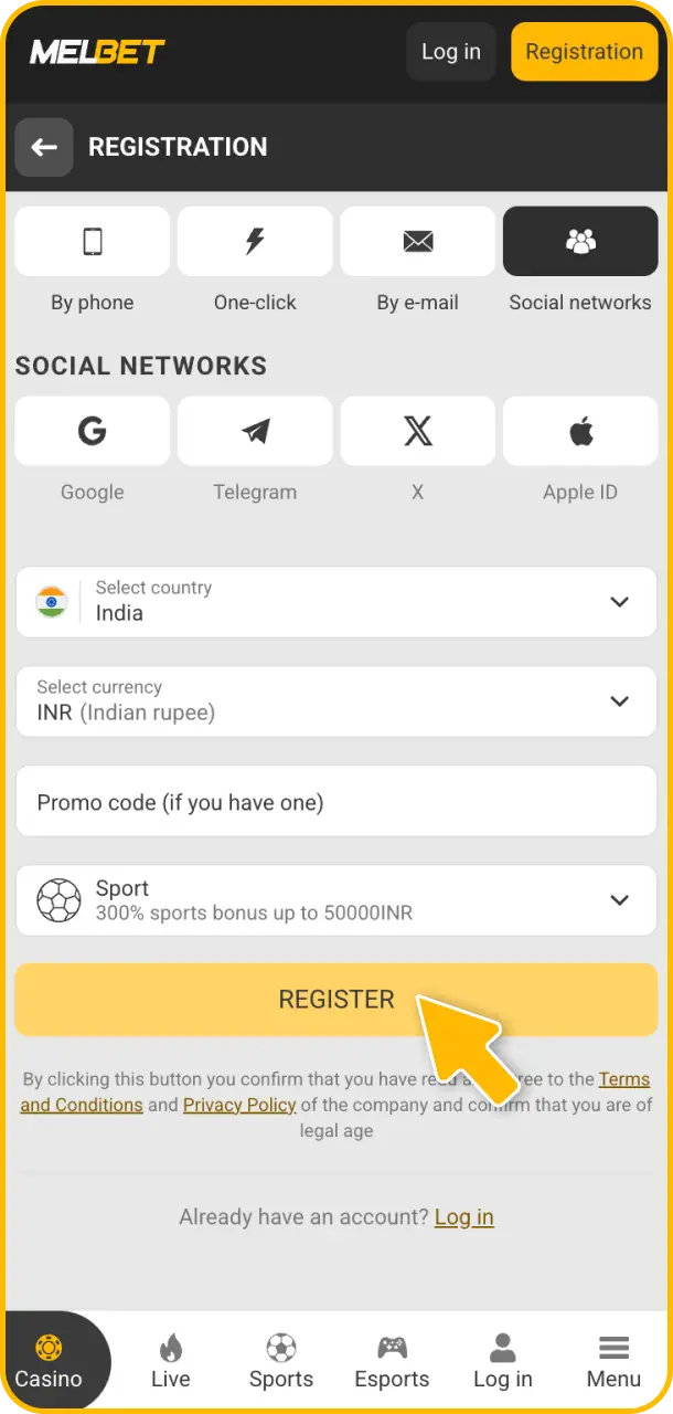 Create your account on the official portal to begin Melbet tennis betting.