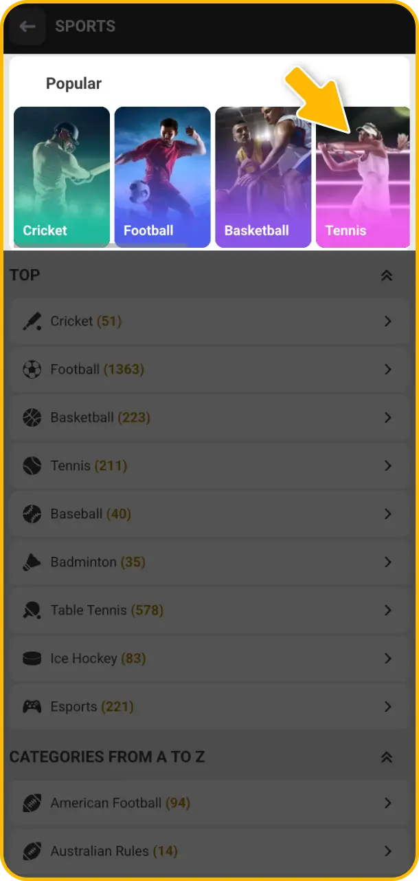 Navigate to tennis tournaments through the main sportsbook menu on Melbet.
