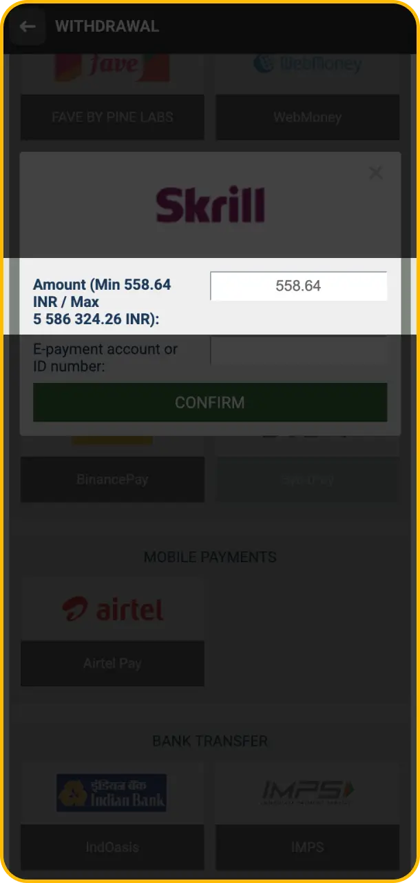 Enter the withdrawal amount and details required by Melbet payment processing.