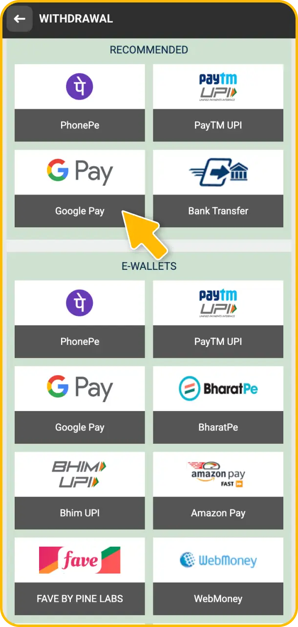 Select your withdrawal method from popular local Indian options at Melbet.